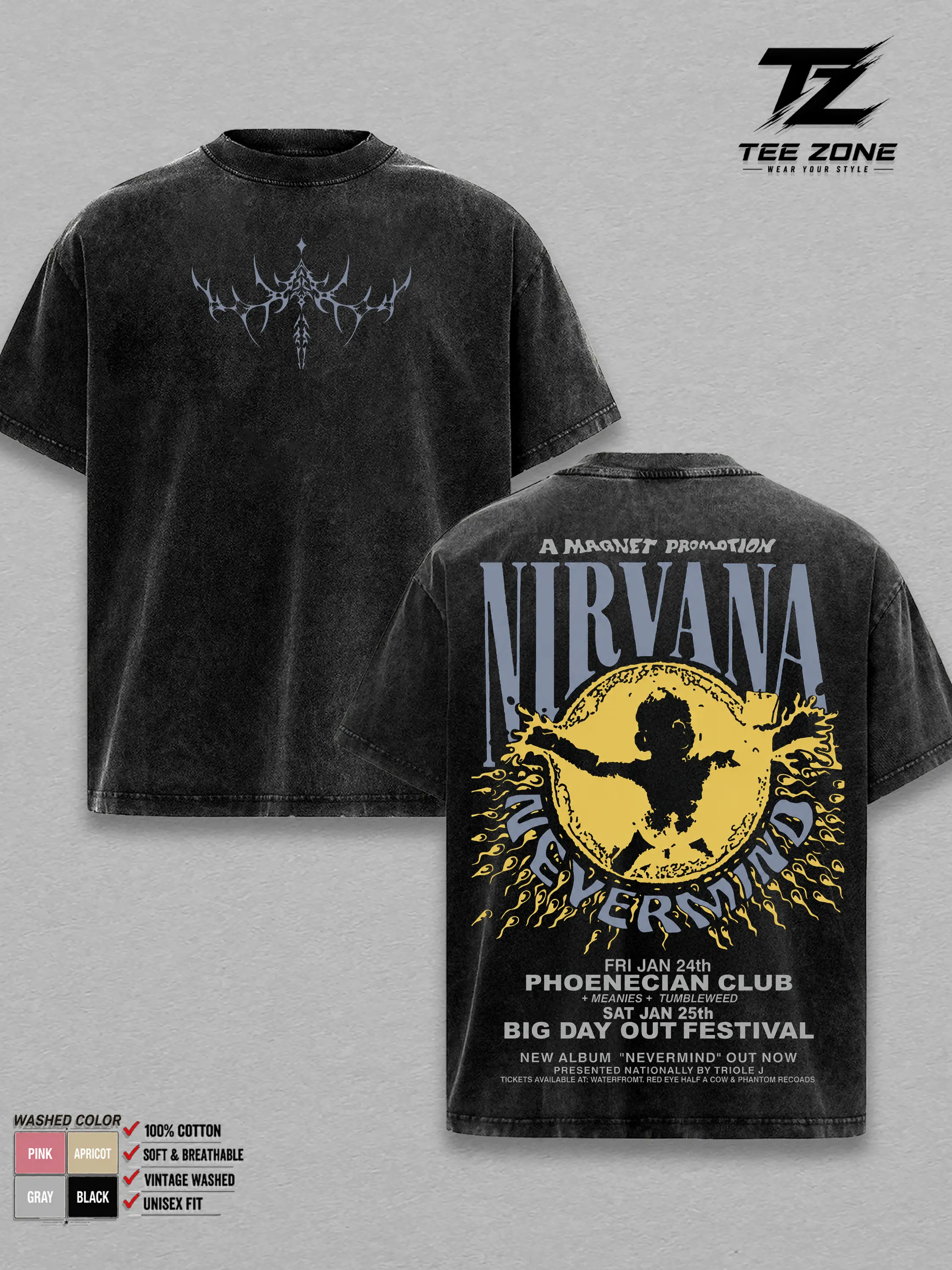 Nirvana Nevermind T-Shirt Vintage Washed 90s Grunge Rock Band Graphic Tee Heavy Cotton Men’s Double Sided Concert Merch