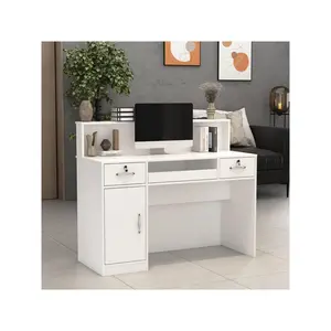 FUFU&GAGA Reception Desk with Counter, Retail Counter with Lighted Display Shelf & Lockable Drawers, Modern Interior Design for Salon Checkout Office