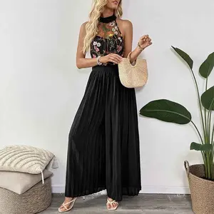Summer Sleeveless See through Halter Lace Jumpsuit Embroidered Stitching Pleated