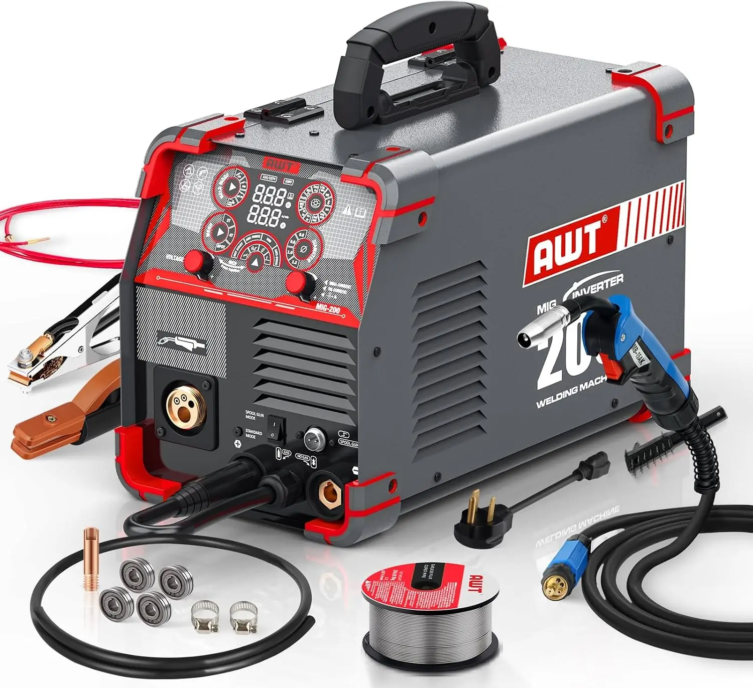 【Fresh Start Special】AWT MIG Welder, 200Amp 8-in-1 Spool Gun Aluminum MIG Welder, 110/220V Dual Voltage, Multi-Process Welding Machine With LED Digital Display, Gas MIG/Gasless Flux Core MIG/Stick/Lift TIG/Spot Welding