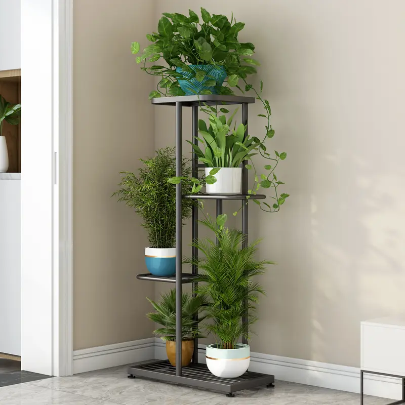 Linzinar 4-Tier Metal Grid Plant Stand - Antirust Spraying Heavy-Duty Iron, Wipe-Clean Smooth Shelves, Holds 5 Potted Plants, Indoor/Outdoor Balcony Bedroom Organizer Storage Rack (Garden Accessories, Trophies Compatible),home decor
