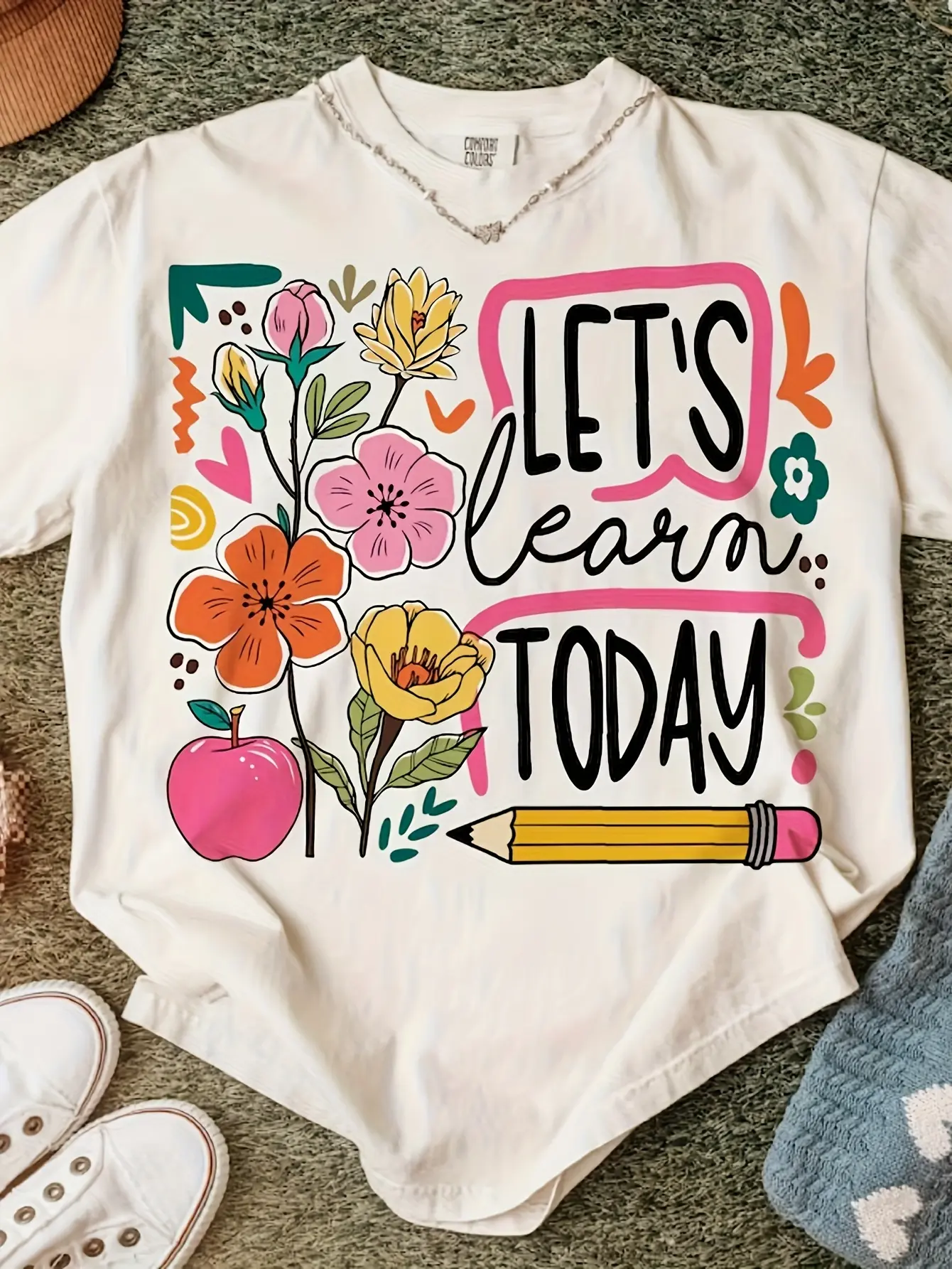 Women's and Unisex Bohemian Style Teacher Shirt -- "Today's Learning" Vintage Floral Pencil Short Sleeve Top, Soft and Breathable Summer Back-to-School Apparel -- Bohemian Pattern T-Shirt