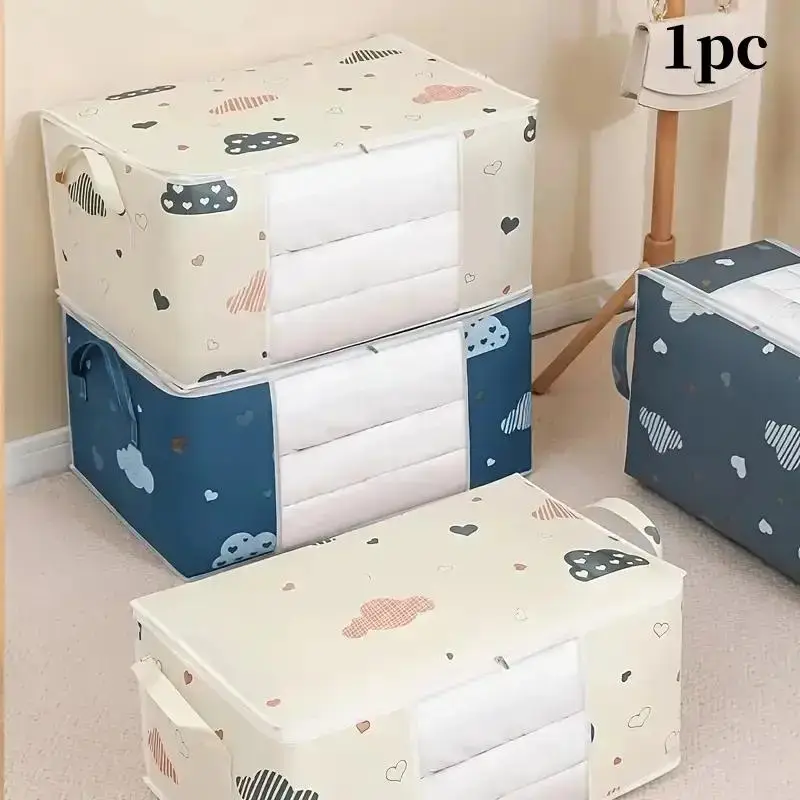 Summer Large Capacity Clothes Storage Bag, Zipper Cloud Pattern Bedding Storage Organiser Bag, Quilt Storage Organizer for Closet, Bedroom Accessories