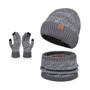 3 Pcs Set Men Women Winter Knitted Beanie Hat with Scarf Gloves Ribbed Thick Warm Knitted Suits Winter Accessories