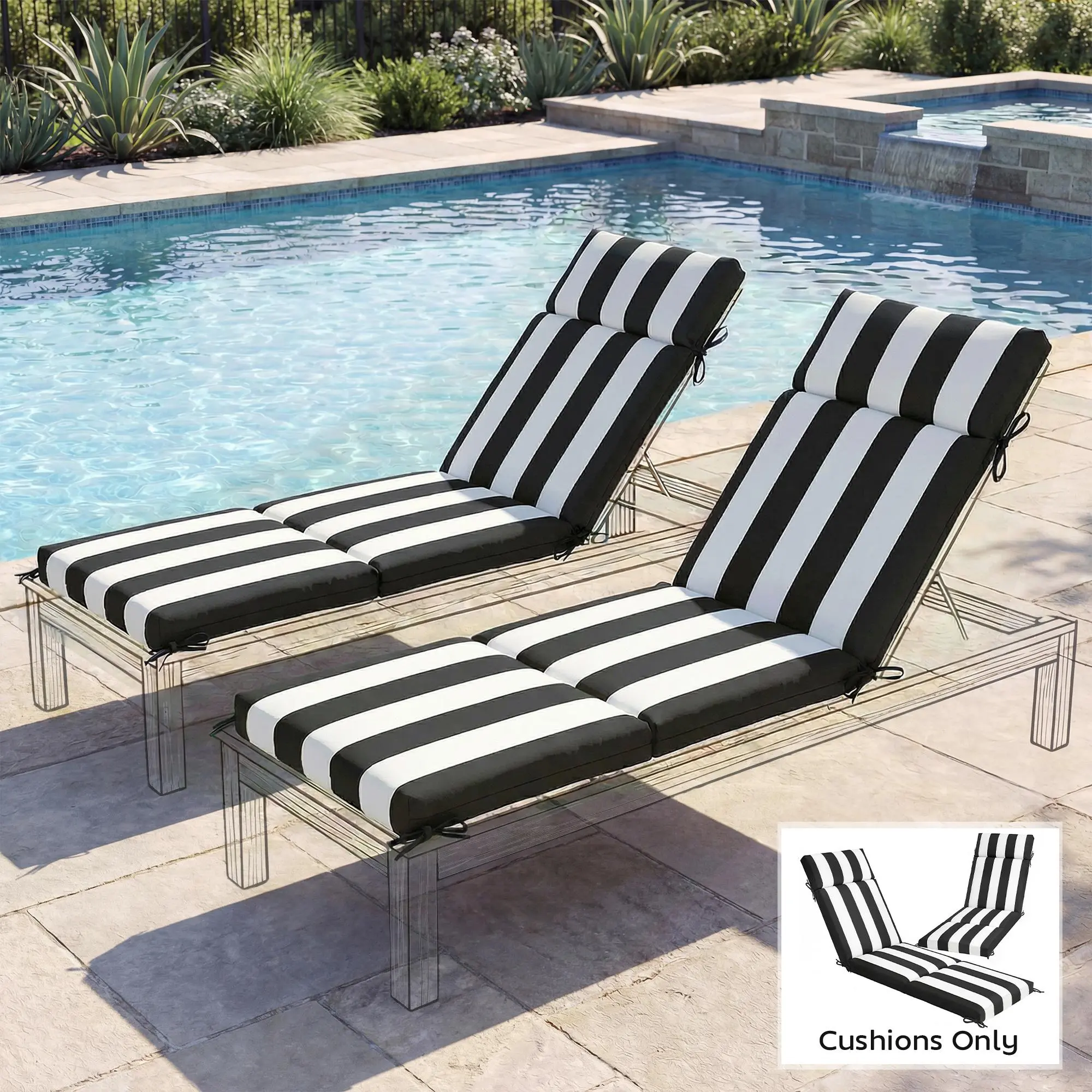 Outdoor Chaise Lounge Cushions Set of 2 with 6 Ties – High-Density Foam Patio & Poolside Cushions. 2.6" Thick Foam. Weather-Resistant Fabric (UV30+). 72"L x 21.1"W x 2.6"H. Universal Fit