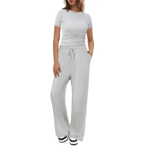 FireSwan Women's 2-Piece Set - Plain Shirred Short-Sleeve Crop Top, Fake Drawstring Wide-Leg Sweatpants Casual Fall Loungewear Womenswear Clothing Set
