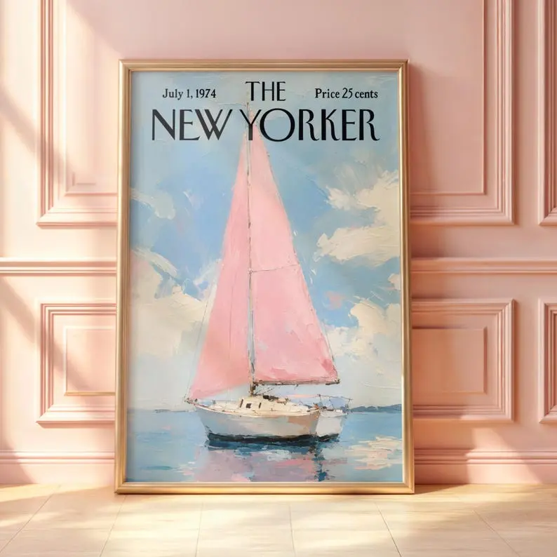 [Sale off up to 50%] [Free ship] [No Frame] Vintage New Yorker Poster, Retro Pink Sailboat Ocean Print, Coastal Nautical Wall Art, Mid-Century Magazine Cover, Pastel Home Decor