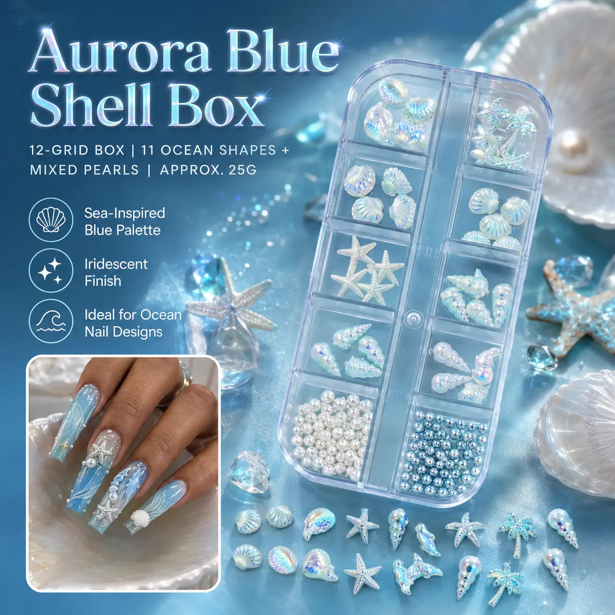 3D Nail Art、Seashell Nails、Mermaid Nails、Iridescent Nails、Pearl Nails、Coastal Blue Nails