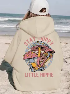 Women's Casual Fashion Hoodie with Mushroom Print, Comfortable Polyester Fabric, Drawstring Hat, All Seasons Wear