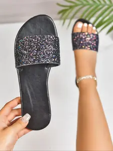 Women's Shiny and Silver Color Open-Toe Sandals with Glitter Straps Design, Summer Party Flat Shoes for Stylish Comfort