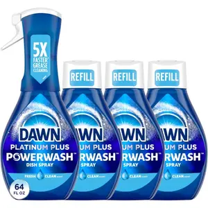Platinum Powerwash Dish Spray, Dish Soap Liquid, Fresh Scent Bundle, 1 Spray (16oz) + 3 Refills (16oz each)(Pack of 4)
