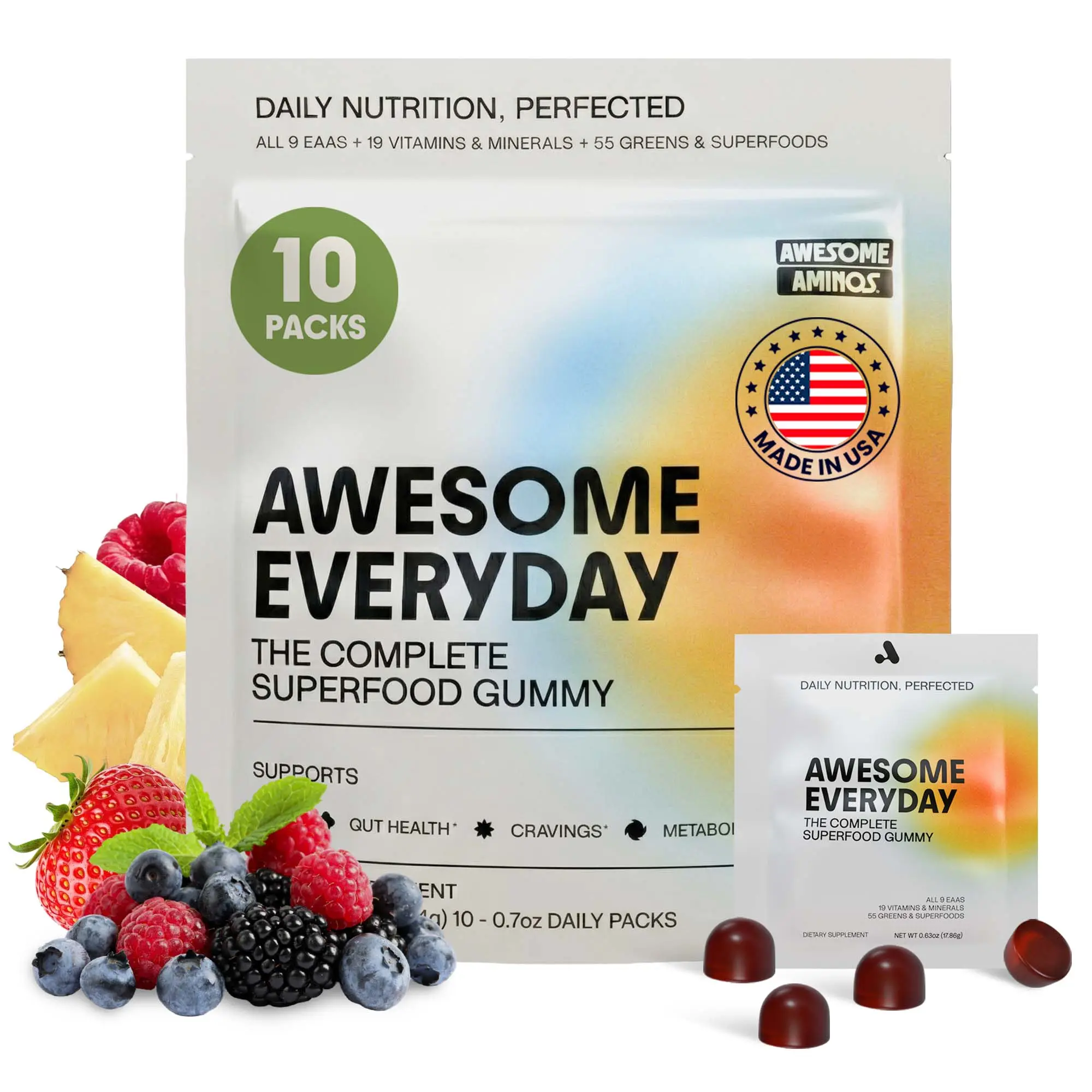 Awesome Everyday Essential Daily Nutrition Gummies - 9 Essential Amino Acids + Vitamins, Minerals & Organic Greens and Superfoods - Fermented Nutrition for Energy, Brain & Immunity – Adults – 10 Count