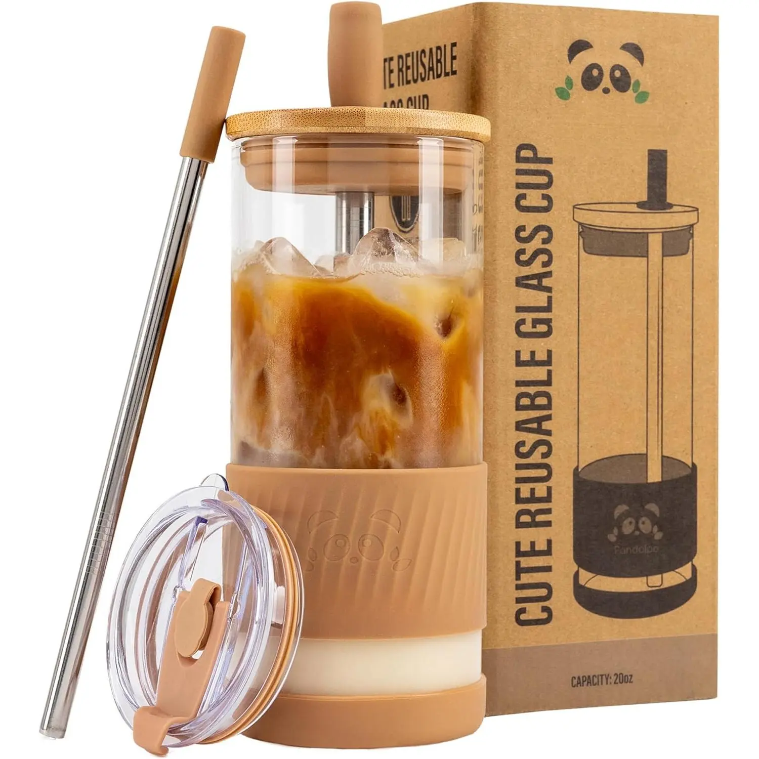 Glass Cups With Lids and Straws -20 Fl Oz- Perfect Size Iced Coffee Cup - Smoothie Cup With Bamboo Lid and On the go Lid - Glass Tumbler With Straw (1 Count (Pack of 1), Amber Sand)