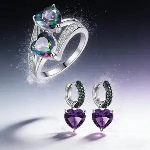 AELNEN Emerald Pave Heart Drop Huggie Earrings & Mystic Topaz Heart Ring Set - Romantic Luxury Jewelry for Valentine's Day & Holiday Gifts