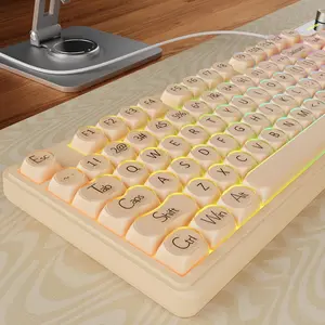 V102 Wired Keyboard, 98  Creamy Gaming Keyboard with Number Pad, Display Screen & Media Knob RGB Silent Wired Cute  Keyboard for Laptop PC Gamer - Cream