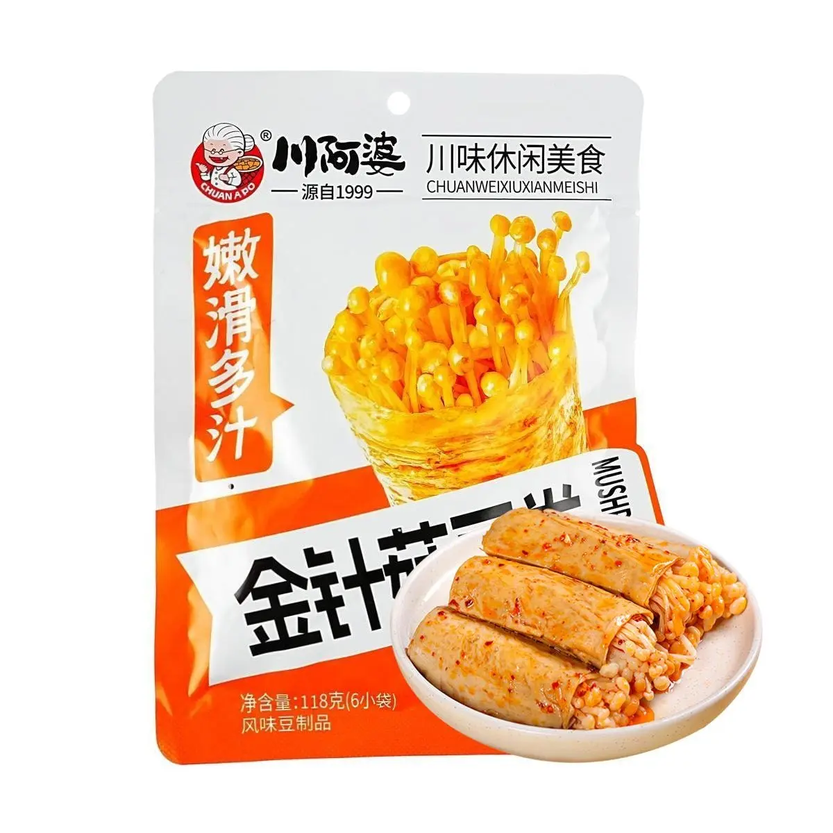Chuan's Delicious Food Enoki Mushroom Tofu Skin Rolls 118g - Savory Snack, Vegetarian, Ready-to-Eat