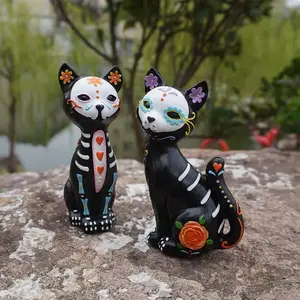 Festive Sugar Skull Cat Statues, Classic Resin Decorations for Christmas, Halloween, Easter, New Year, Graduation, Unique Home & Office Gifts, Home Decor Ornaments, Art Figurine