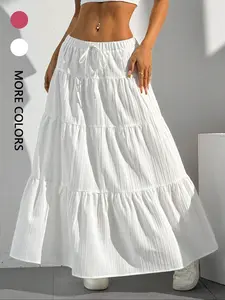 Women's Solid Color Skirt, Casual Fashionable Tie Waist Adjustable Skirt for Daily Wear, Ladies Summer Bottoms