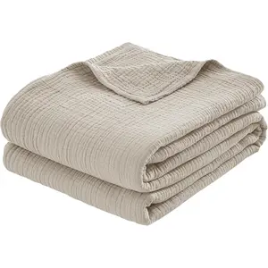 Muslin Throw XL Blanket (50" x 70")  A Luxuriously Soft, 4-Layer Lightweight and Breathable Gauze Blanket,  for Year-Round use on beds, couches (Khaki, Throw XL)