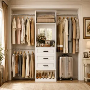 Homieasy 48" W - 96” W Closet Organizer Kits with Mirror, 8FT Walk in Closet System with Drawers and 3 Extendable Hanging Rod, Sturdy Wood Clothing Garment Rack with 25” Tower, Max Load 1000 LBS