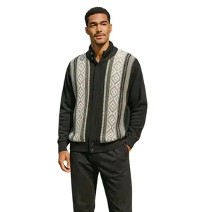 Black Hidden Placket Knit Sweater Jacket Vertical Pattern Regular Fit