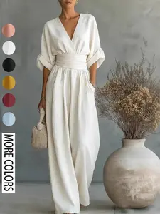 Elegant V-Neck Waist-Cropped Women's Romper, New Spring/summer Fashion, European & American Style, Available Now