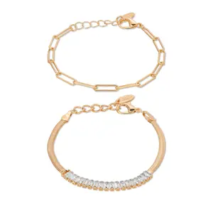 Ettika Links and Shine Bracelet Set of 2 – 18kt Gold Plated or Rhodium on Steel with CZ, Adjustable Layered Chain Bracelets