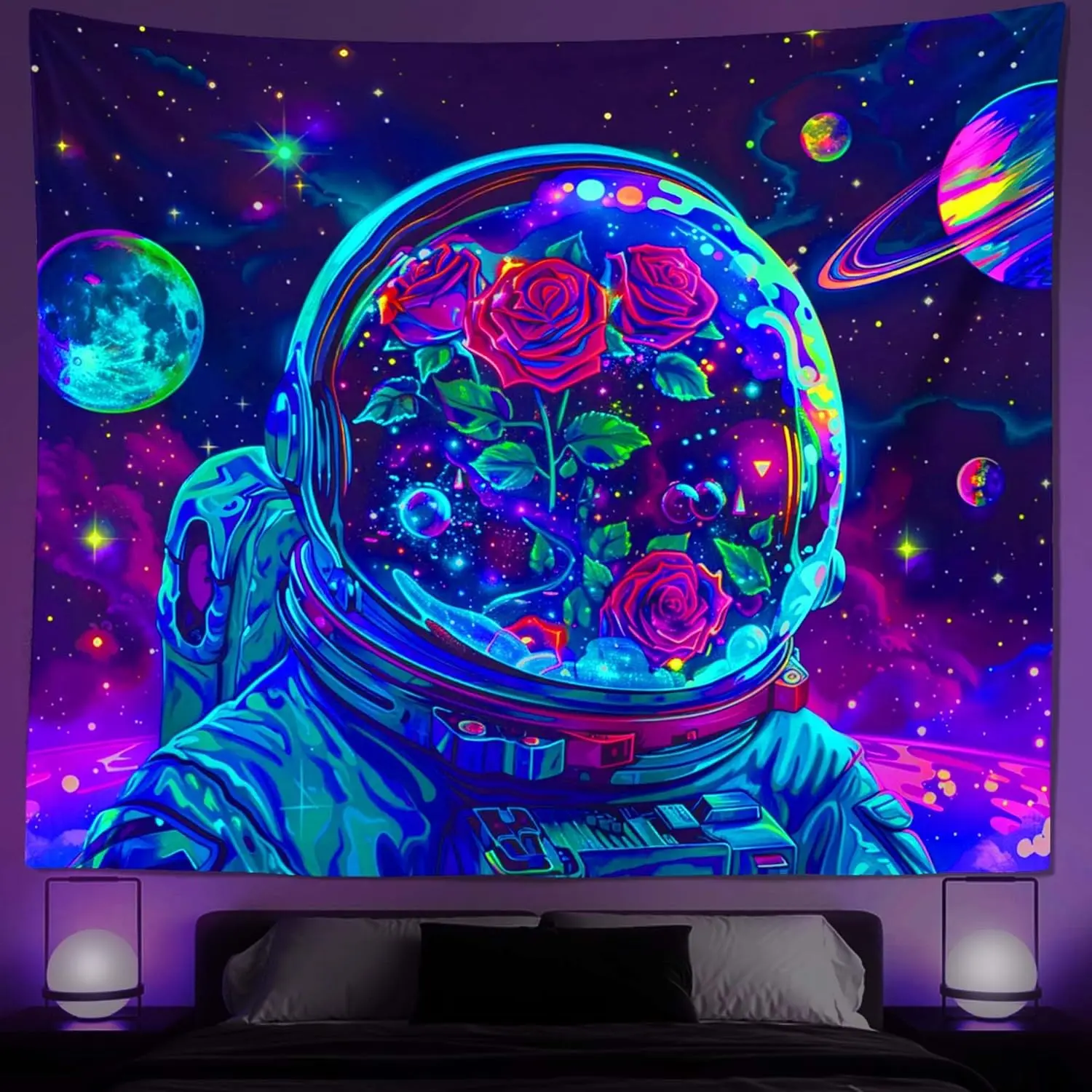 UV Reactive Astronaut Glow Fabric Tapestry - Glow-in-the-Dark Psychedelic Wall Decor, 51x59 in Wall Hanging, Indoor Home Bedroom Accent, All-Seasons Home Supply, Indoors
