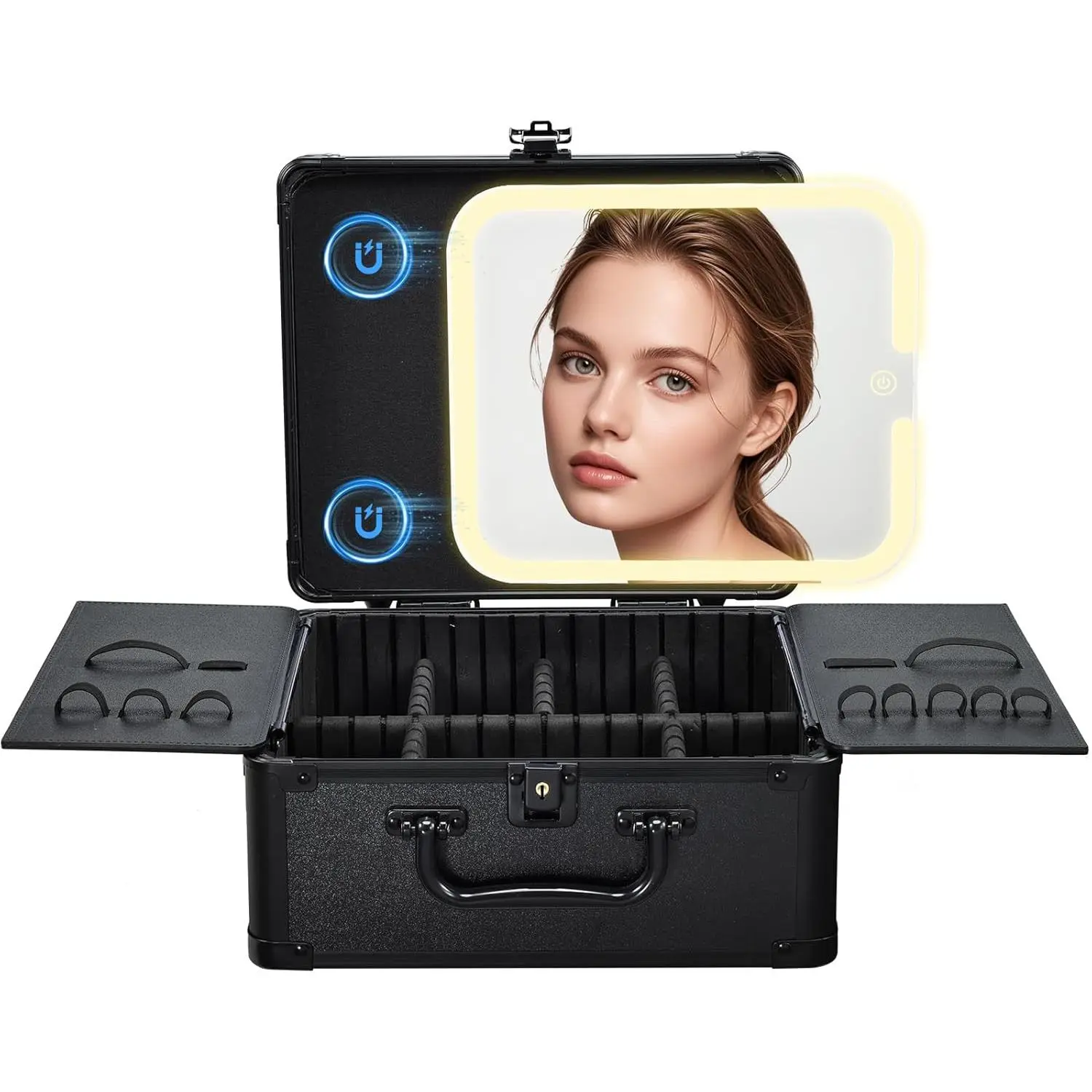 Makeup Case with  Lighted Mirror Makeup Organizer Box Travel  Case with 3 Colors LED Mirror Portable Vanity Make up Suitcase with Lockable  Dividers Brush Holder, Black