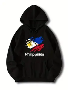 【Plus Size】 Philippines Letter Print Drop Shoulder Hoodie, Fashion Casual Drawstring Pocket Hooded Sweatshirt for Daily Holiday Outdoor Wear, Women Clothing for Fall & Winter
