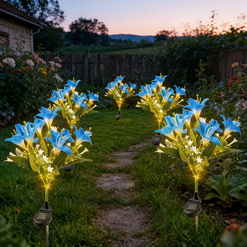 LED Solar Outdoor Lawn Light, Blue Lily Lamp, 7 Heads, Garden Gift for Mom, Warm Outdoor Lamp, Outdoor Decoration Light, Yard, Patio, Thanksgiving Wedding Valentine Decor, Solar Garden Lights, Decorative Outdoor Lighting