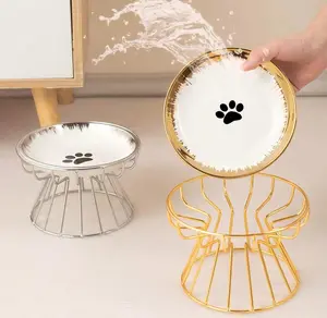 Cute Cat Paw Ceramic Bowl with High Stainless Steel Stand – Anti-Spill, Easy to Clean, Helps Cats Eat Comfortably Without Neck Strain