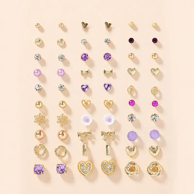 OO-MY 30-Pair Gold-Plated Stud Earrings Set - Trendy Costume Jewelry for Women, Geometric, Heart, Flower Designs