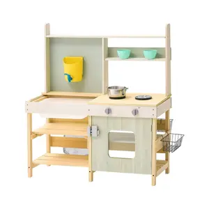 Mud Kitchen for Kids, Wooden Toy Play Kitchen Set, Outdoor Toddler Grocery Store Playset, Pretend Play Kitchen with Stoves, Tank, Faucet, Storage Bag, Metal Baskets, and Cookware Pots