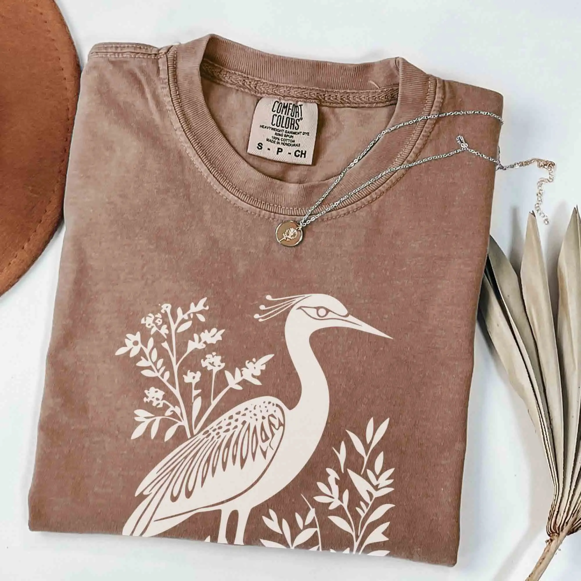 Heron Shirt Linocut Shirt Great Blue Heron Bird Lover Shirt Hippy Clothes Granola Girl Antique Folk Art Avian Aviary Gift Block Print Shirt