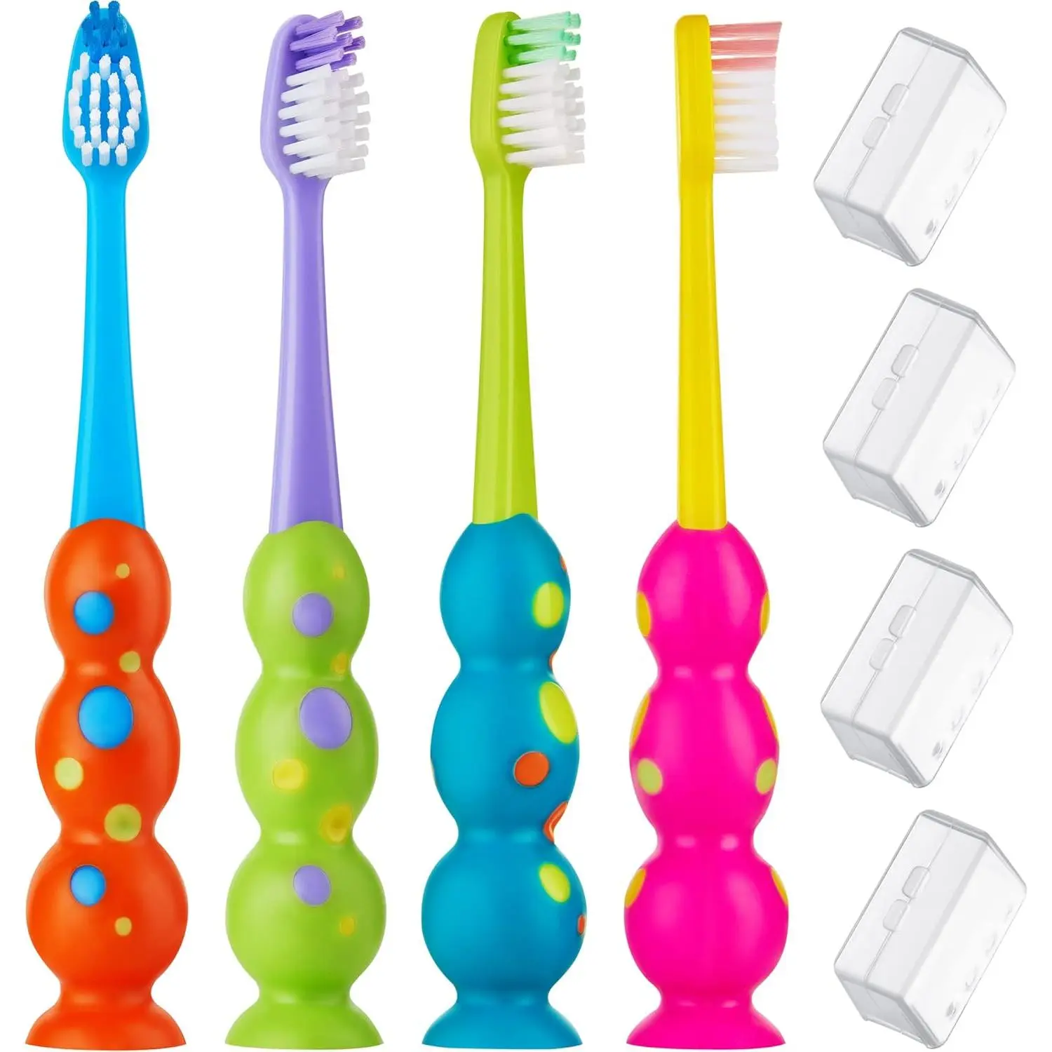 Kids Toothbrush 4 Pack - Soft Bristles with Suction Cup - Toothbrush Kids, Child Sized Brush Heads (3-10 Year Old) Kid Toothbrush with Easy Storage - Toddler, Girl & Boy Set (4-Pack, Multi-Color)