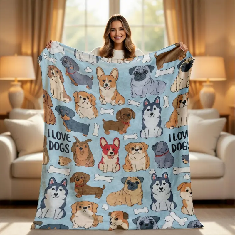 Cute Cartoon Dog Blanket - Corgi, Husky, Pug, Dachshund Print Soft Flannel Throw, Cartoon Mascot, Animal Artwork, Colorful Animal, Pastel Plush Blankets, Dog Mom Gift for Couch & Bed, Cartoon Mascot Blankets
