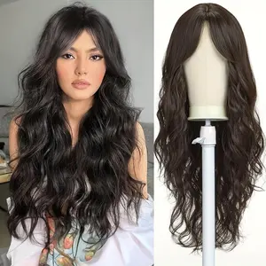 [Heat Resistant Wig] 24 Inches Dark Brown Heat Resistant Wig - Brunette Wigs For Women - Natural Long Wavy Synthetic Hair For Daily Party Cosplay Use