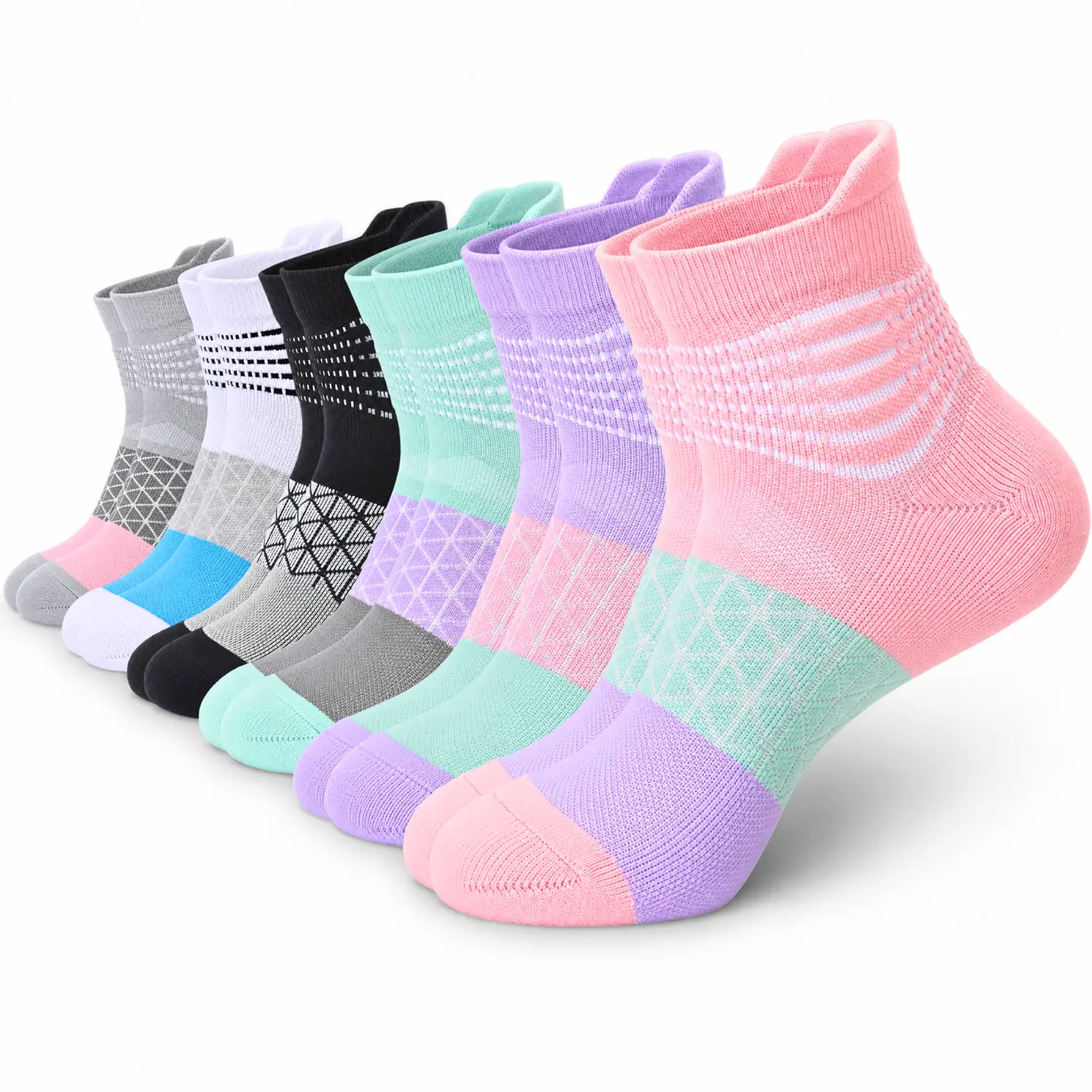 IRAMY 6 Pairs Women's Compression Socks for Plantar Fasciitis, summervibes Moisture Wicking Athletic Ankle Socks with Cushioned Arch Support for Running Walking Gym,summerwins