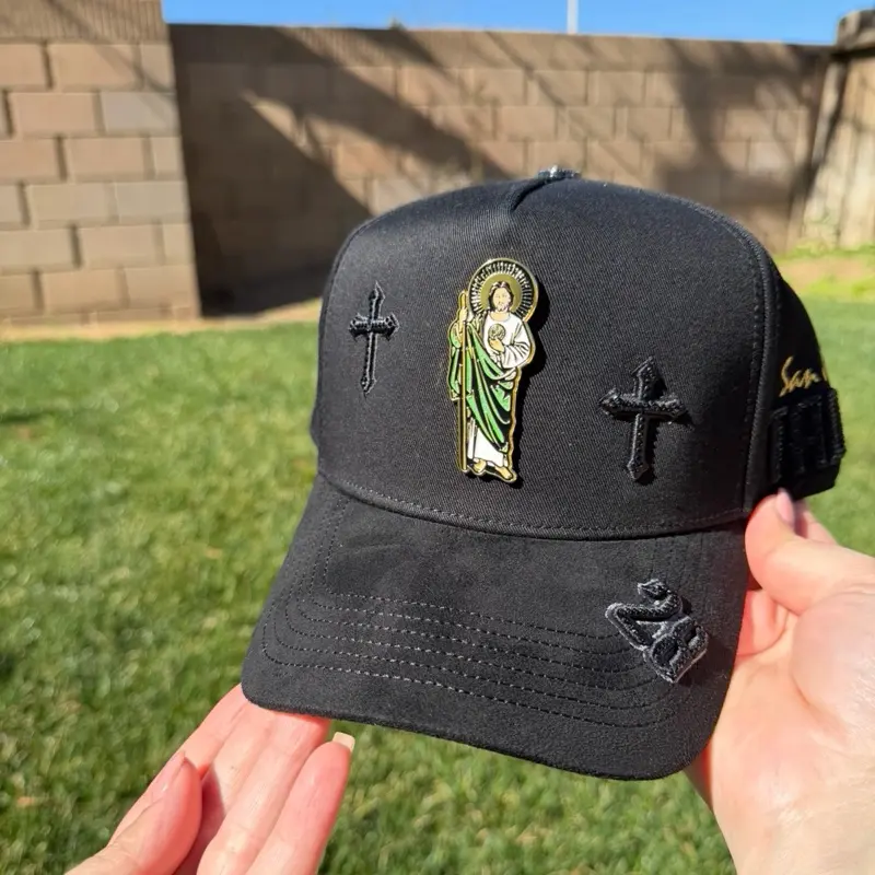 Saintly Style Black Baseball Cap with Embroidered Crosses & San Judas Icon Trucker Hat Religious Hat Fashionable Adjustable