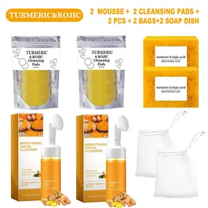 Family Bundle >>2PCS Lemon Turmeric Kojic Acid Soap Bars + 2 Turmeric Mousse Cleansers +2 CLEANSING PADS+ 2 soap dish – Natural Lemon,  Soap for Face & Body, Gentle Cleansing for All Skin Types, Ideal for Daily Use Perfect New Year's
