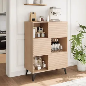 Modern Fluted Storage Cabinet with Sliding Doors - Solid Wood Pantry Cabinet with Adjustable Shelves - Small Storage Cabinet for Living Room, Kitchen, Office & Bedroom