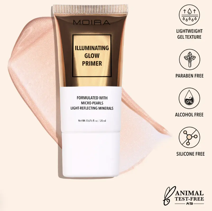MOIRA Beauty Perfecting Luminous Glow Cosmetic Primer - Light-Reflecting Gel with Camellia, Jojoba Oils & Glycerin, Soothing, Minimizes Pores, Smooths & Hydrates, Daily No Filter Makeup Base for All Skin Types, 20ml, Cruelty-Free, Single Item, Daily Makeu