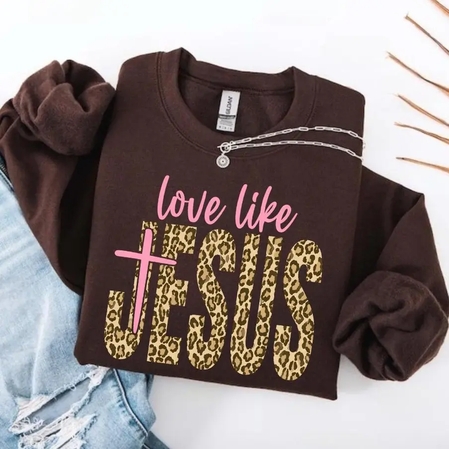 Leopard Love Like Jesus Sweatshirt, Christian Faith Shirt, Preppy Cheetah Religious Sweatshirt, WWJD Inspired Faith Pullover, Christian Gift