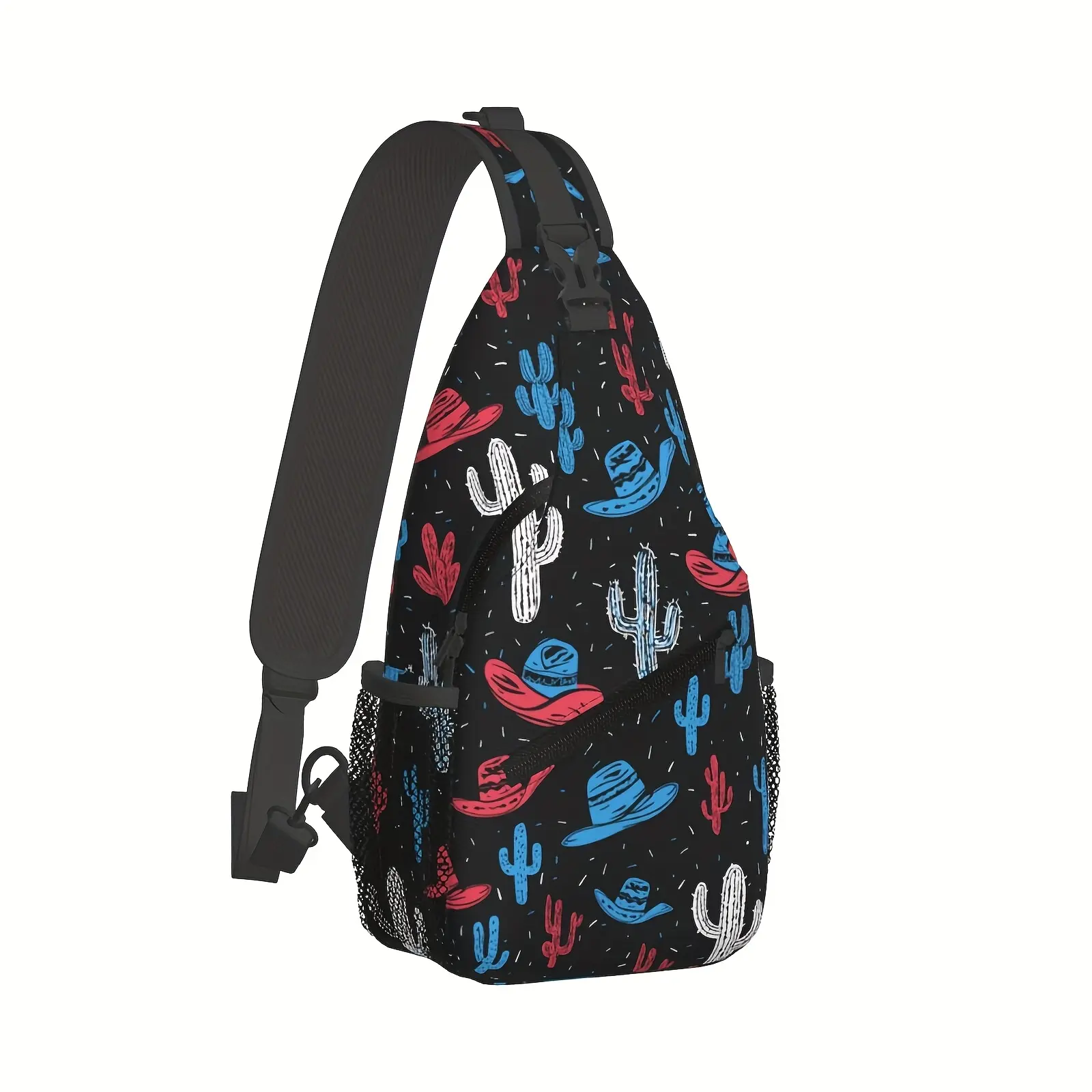 [Made in US] Crossbody Chest Bag Hiking Cactus & Western Cowboy Elements Shoulder Bag Folding Large Capacity Fashion Durable for Shopping Work Leisure Travel Beach Bag Fishing Backpack with Zip Closure
