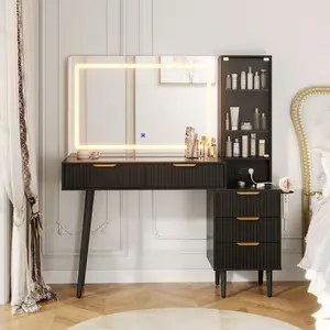 48" Fluted Makeup Vanity Desk with LED Lights Glass Top Large 36" HD Lighted Mirror Modern Dressing Table with 5 Drawers 3-Tier Storage Shelves & Charging Station Vanity Set