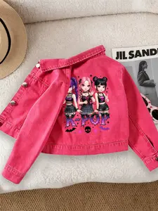 Girls' Casual Fashion Denim Jacket, Kpop Girl Group Print, Comfortable Fit, Suitable for School and Dates, Ages 12 and Under