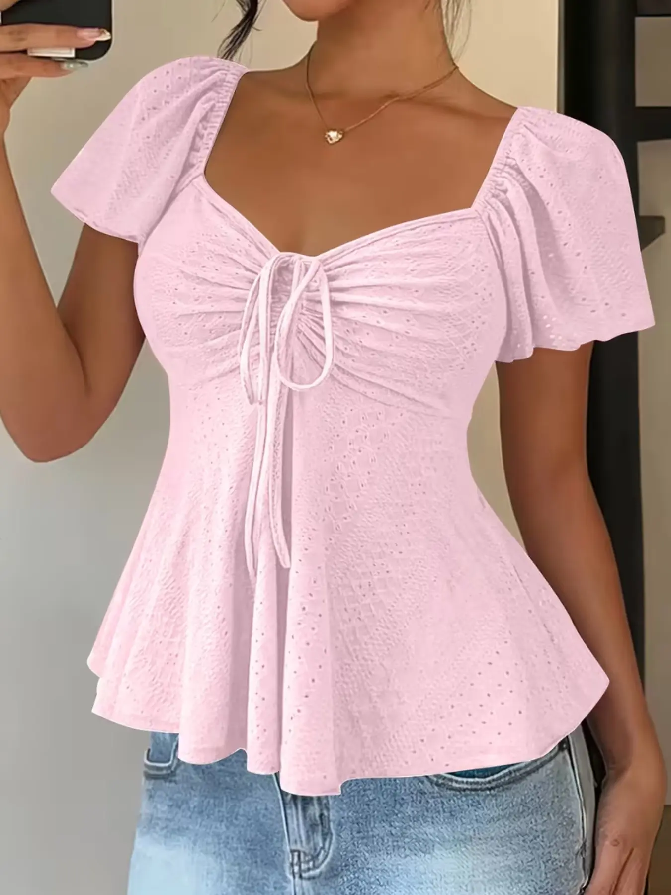 Square Neck Bubble Sleeve Top, Hollow Out Embroidered Waistcoat, A-Line Hem Small Shirt, Fashionable Cute Women's Clothing Blouse, Chic, Casual