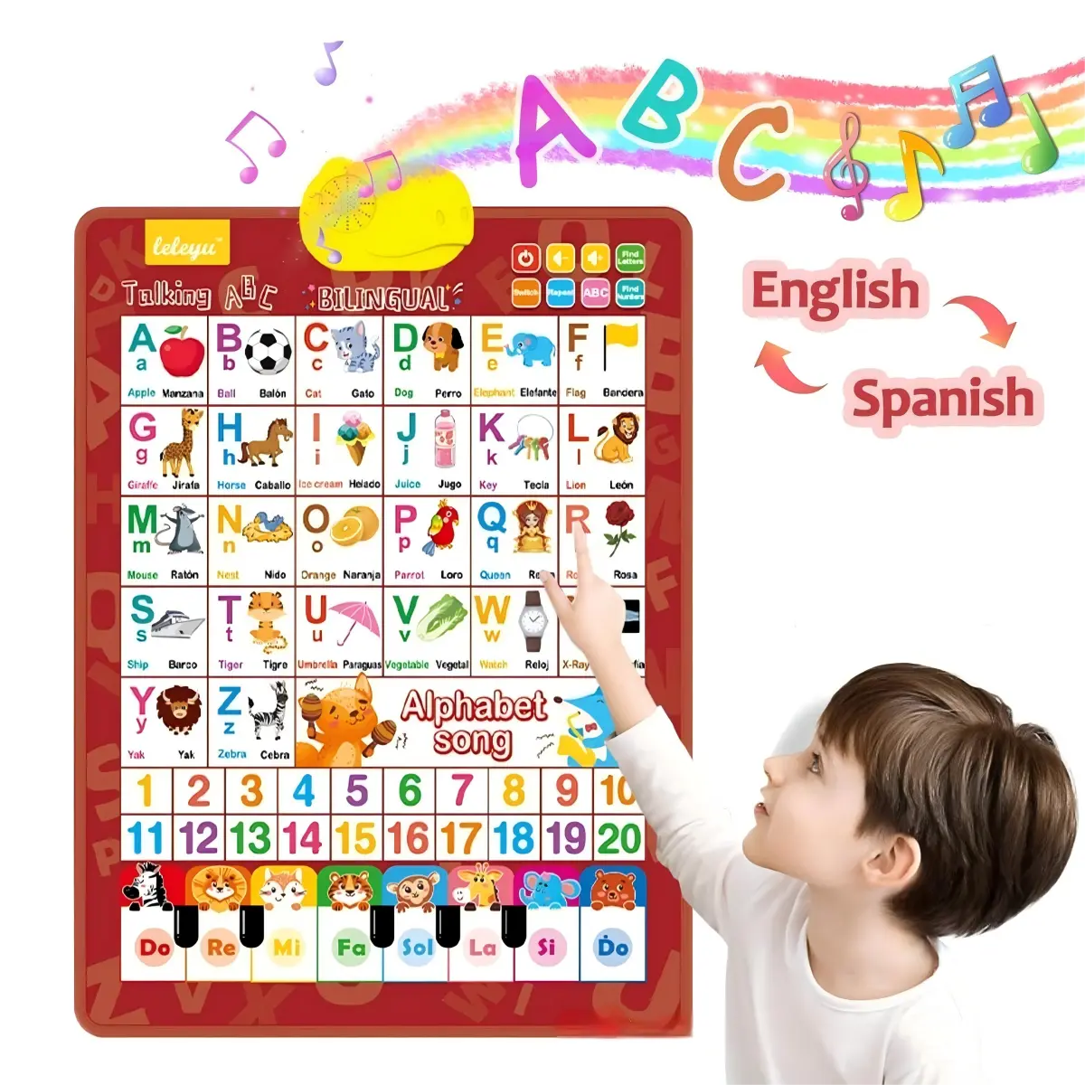 Bilingual English-Spanish Interactive Alphabet Wallchart - Preschool Learning Materials with Talking ABCs, 123s, Music Poster - Educational Language Toy Gift for 3+ Years Old Kids