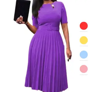 Women's Solid Pleated Midi Dress Belted Zipper Round Neck A Line Dress